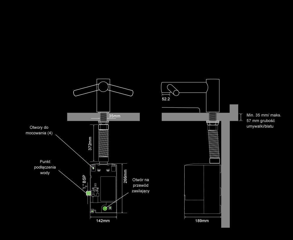 Wewnętrze wymiary suszarki do rąk Dyson Airblade Tap - model niski