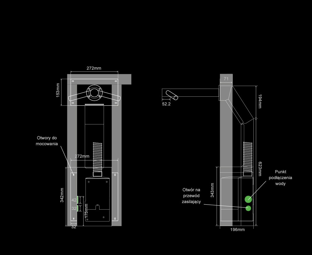 Wewnętrze wymiary suszarki do rąk Dyson Airblade Tap - model ścienny