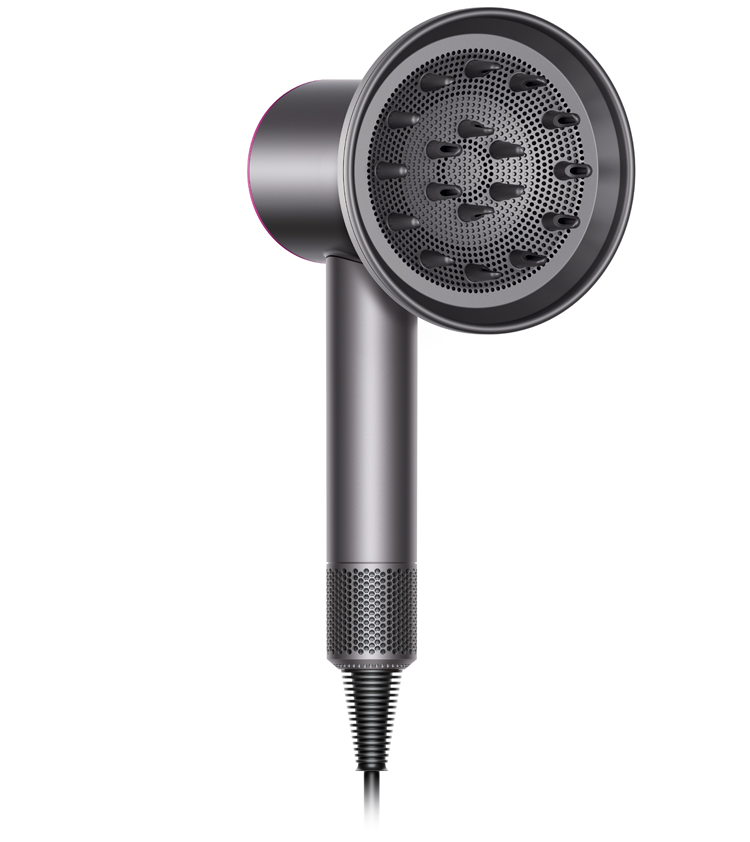The Dyson Supersonic&trade; hair dryer, fitted with diffuser